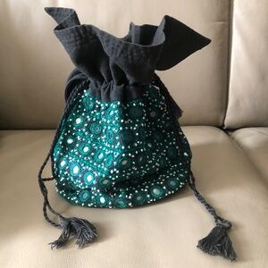 Vintage embroidered mirror work and tassel black drawstring purse bag